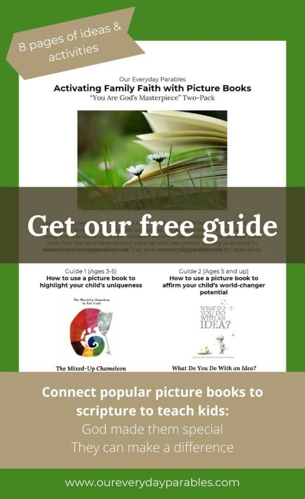 Get our free guide - connect popular picture books to Bible lessons; images of a book open on grass and the covers of What Do You Do with an Idea and The Mixed-Up Chameleon