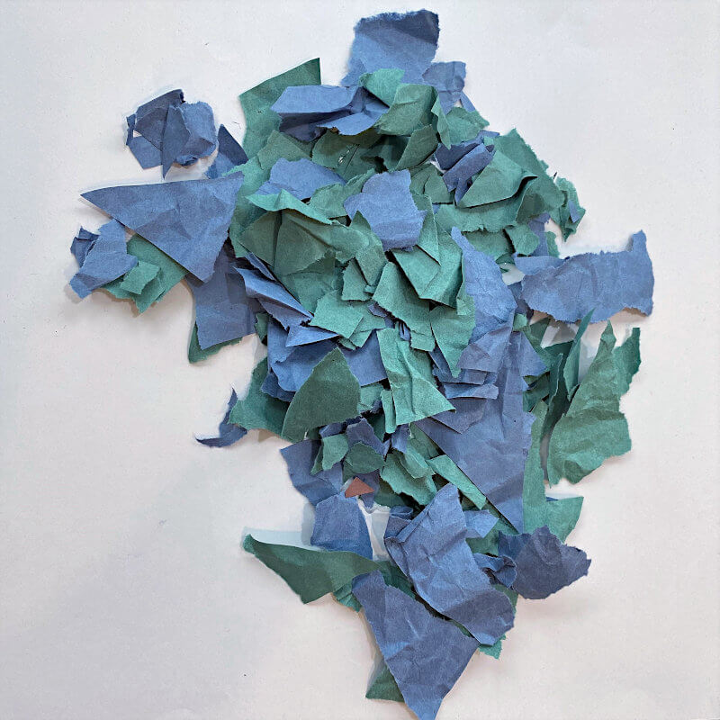 Art Project for Perfect Square Picture Book: Torn green and blue papers form a 3D lake and symbolize diversity