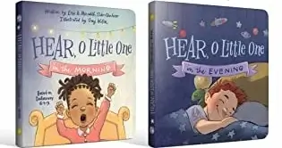 Cover images for 2-in-1 Christian board book called Hear, O Little One; covers show child waking up and child sleeping - Christian children's books