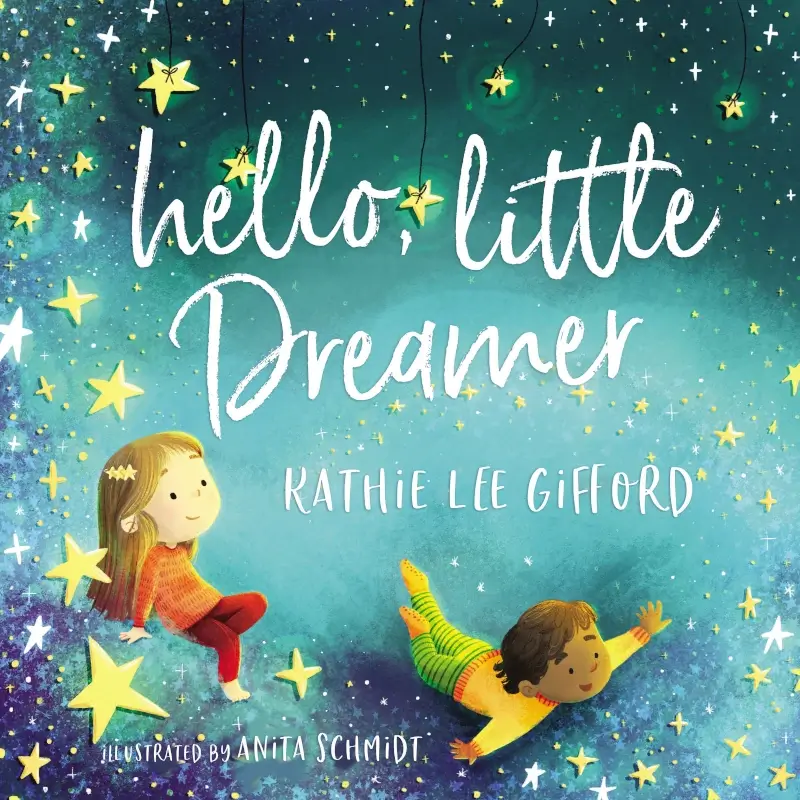 Children's Book about God - Hello Little Dreamer book cover showing an illustration of two whimsical children surrounded by stars
