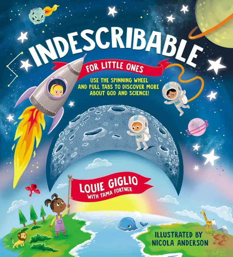 Book Cover: Christian Children's Book - Indescribable for Little Ones showing a rocket going over the moon with the earth below
