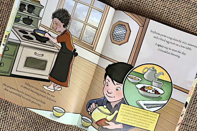 Inside pages of My Breakfast with Jesus showing a Korean grandmother and grandson preparing a traditional breakfast after morning prayer.