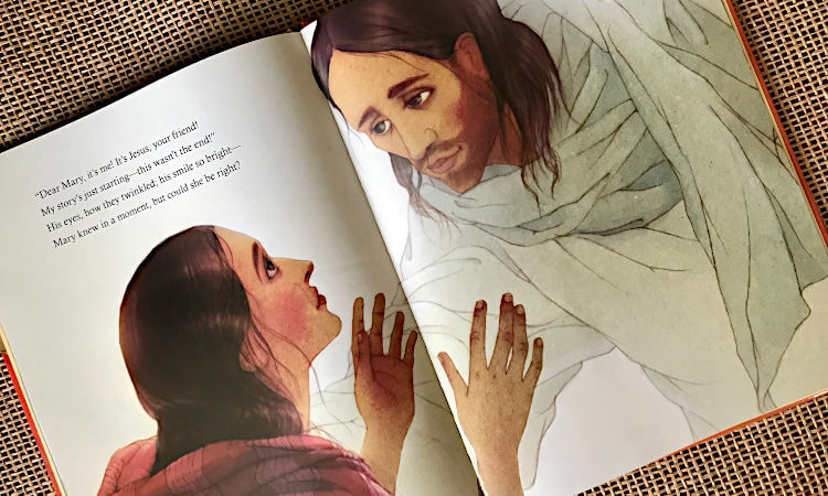 Illustration showing Mary Magdalene talking to the risen Christ from the Christian children's book 'Twas the Morning of Easter