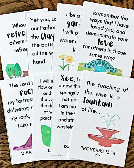 8 Bible Verse Cards with colored graphics and Bible verses to help raise resilient kids