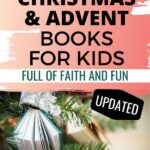 Pinterest Pin: 28 Christmas and Advent Books for Kids - Full of Faith and Fun - Showing a Christmas Tree with Book Ornaments