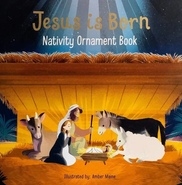 Book Cover of Board Book for Children - Jesus is Born - Nativity Ornament Book showing a manger scene illustration