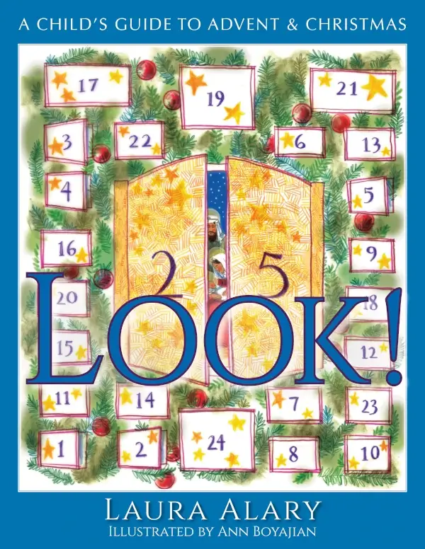 Look - A Child's Guide to Advent and Christmas Book Cover Showing 25 Advent Windows with a peek of the manger scene