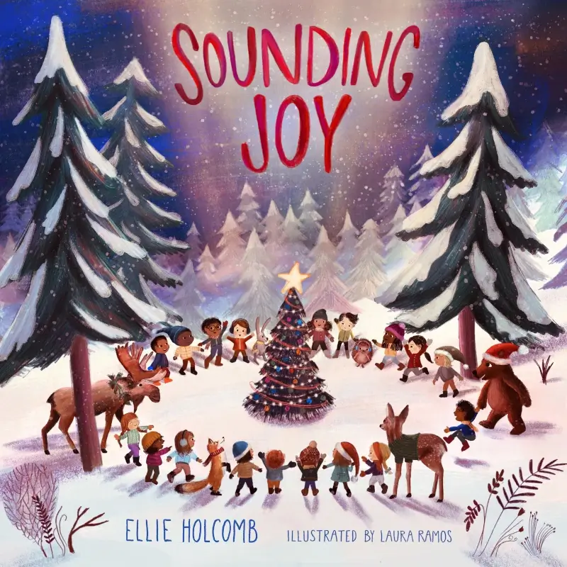 Christmas Board Book for Kids and Babies - Sounding Joy Book Cover showing people and animals surrounding a Christmas Tree to celebrate Jesus