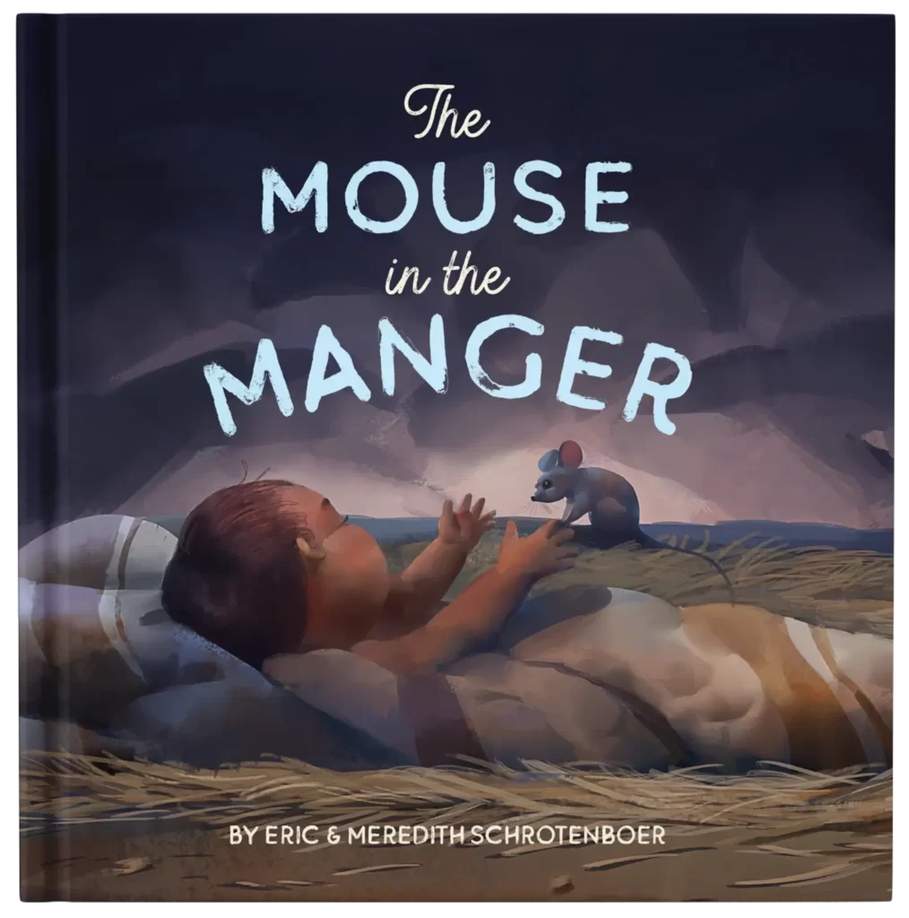 The Mouse in a Manger Christmas Book about Jesus for Kids showing Baby Jesus reaching out to a kind mouse in the manger