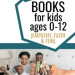 Family of four reading on the bed with text above that says 75+ Books for kids ages 0-12 - Empathy, Faith and Fun