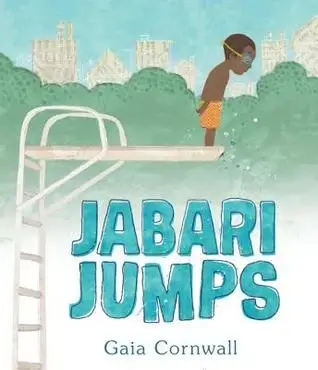 Cover for Children's Book Jabari Jumps - showing child peering over the edge of the high dive on a summer day