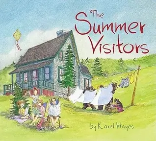 The Summer Visitors Children's Book Cover Showing a family of people and a family of bears at a lake cottage
