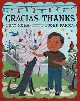 Gratitude Books for Kids - Gracias - Thanks Books Cover showing a boy with an oustretched hand looking at things he's thankful for with a cute dog