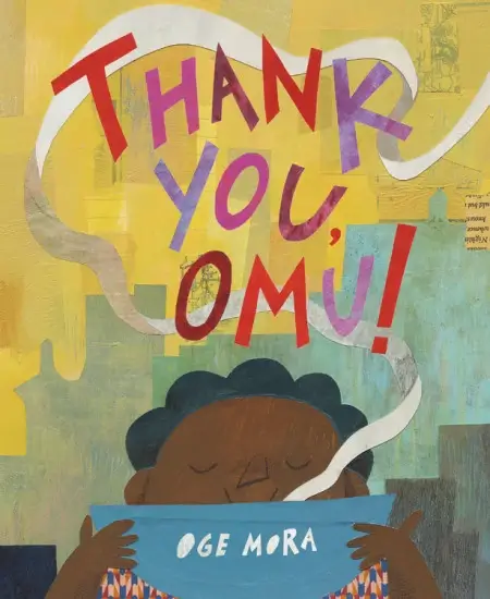 Gratitude Books for Kids - Thank You, Omu Book Cover - a person happily smelling a bowl of stew with a skyline in the background