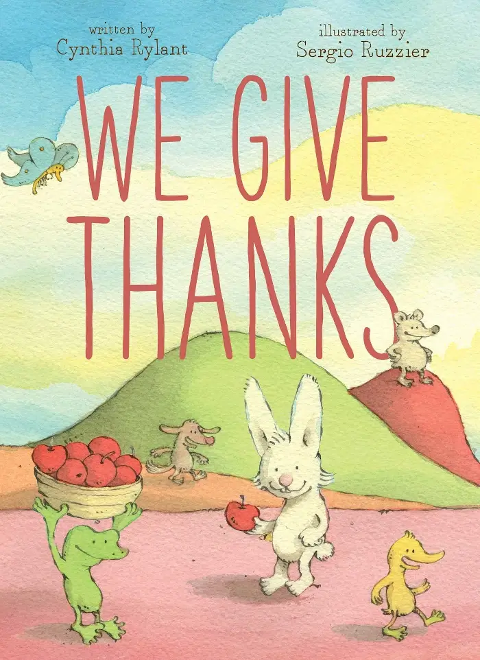 Kids' Book - We Give Thanks Picture Book Cover - Bunny and other illustrated animals carrying apples happily outside
