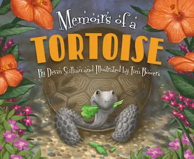 Memoirs of a Tortoise - Picture books to slow down with family - showing an illustration of a tortoise eating lettuce and looking at the reader