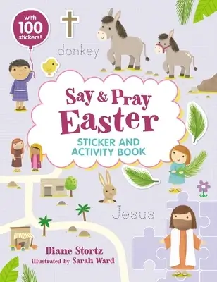 Cover of Say and Pray Easter Sticker and Activity Book for Kids showing illustrated children, Jesus, and Easter scenes with puzzles and mazes in the background.