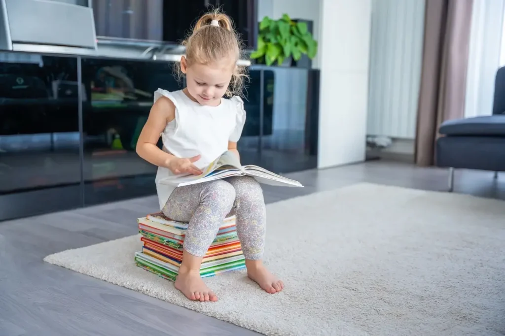 young child is sitting on a stack of children's books and reading one book - book series engage readers