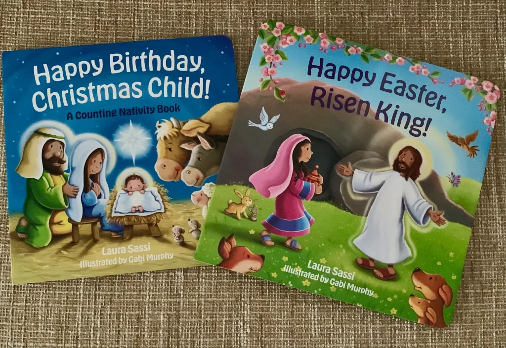 Book covers of the children's book series showing Happy Birthday, Christmas Child with a manger scene and Happy Easter, Risen King with a resurrection scene