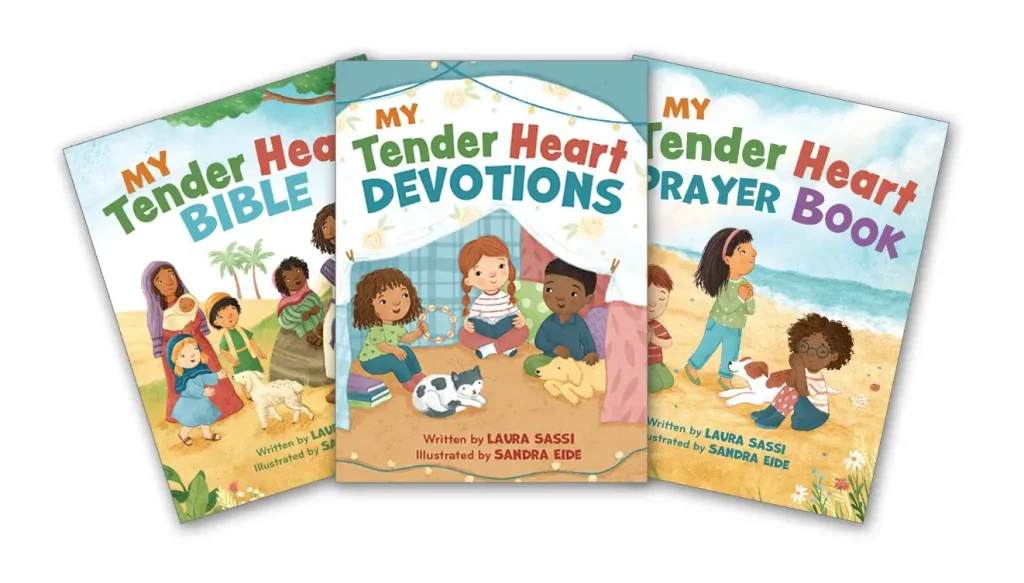 "My Tender Heart" Christian Children's Book Series showing a Bible, devotional, and prayer book for toddlers and preschoolers